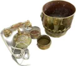 Selection of brass items includes coal bucket, brass and onyx phone etc