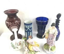 Antique ceramics and glassware to include a Wedgwood vase Bristol blue decanter etc