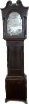 Mahogany inlaid cased painted front grandfather clock by realey burton on trent, damage to glass,