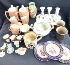 Selection of pottery to include tea service, dressing table set, Dresden plates, Wedgwood mug etc