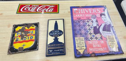 Selection of 4 Advertising enamel signs includes Coca cola, Chives carpet soap, Cask Marque etc