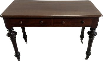 Victorian mahogany two drawer table with porcelain feet measures approx 29 inches tall by 42