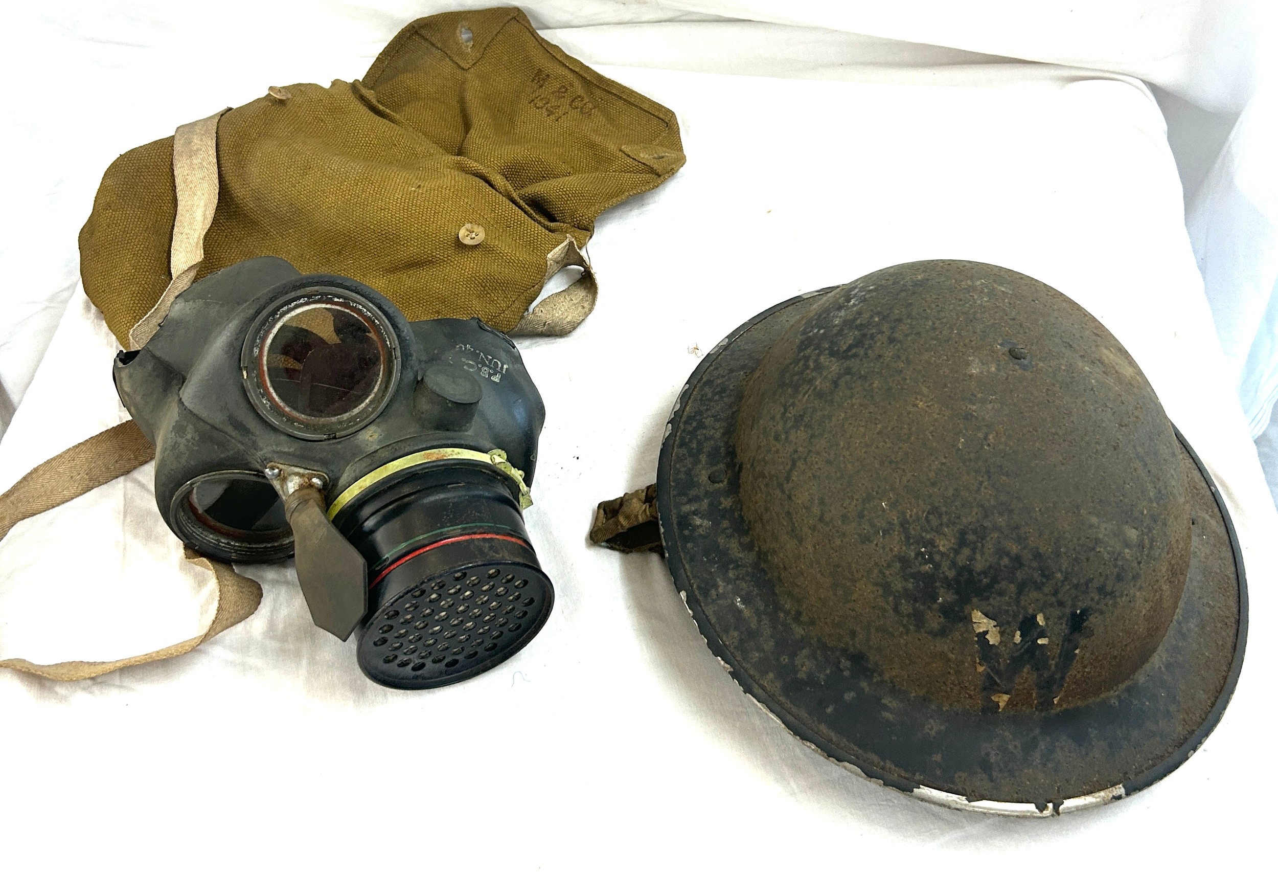 WW2 Wardens helmet and gas mask with bag