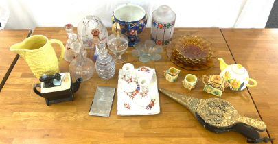 Selection of vintage glass decanters, pottery, lampshades etc