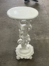 Carved wooden lamp stand measures approximately 32 inches tall