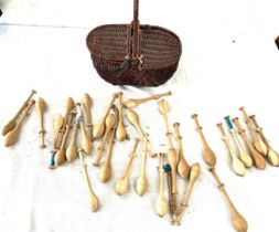 Selection of vintage bobbins in a basket