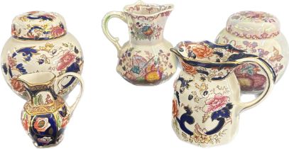 Vintage masons ironstone, to include four jugs and two ginger jars with lids, various patterns