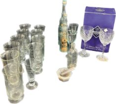 2 boxed Edinburgh crystal wine glasses, selection glassware to include medicine jugs etc
