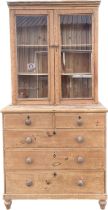 Vintage 2 over 3 pine chest with pine bookcase above, approximate measurements: Height 83 inches,