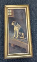Large antique framed oil painting of a dog in a gilt frame, frame measures approximately 43 inches