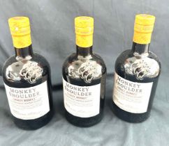 3 bottles of Monkey shoulder smokey monkey triple malt whisky