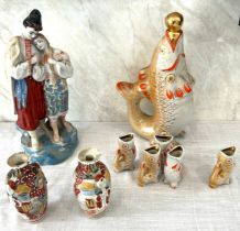 Selection of porcelain miscellaneous to include Sake Koi fish decanter and cups, porcelain figure