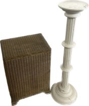 Painted plant stand and wicker linen basket- plant stand is approx 40 inches tall