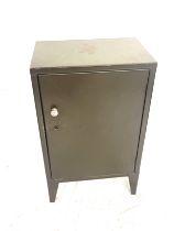 Industrial metal 1 door cabinet, no key, measures approximately 30 inches tall 18 inches wide 12