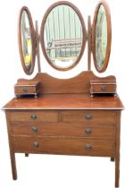 Mahogany inlaid dressing table with triple mirror, approximate measurements: Height 65.5 inches,