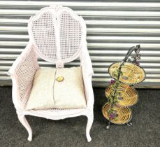 Wicker bedroom chair with cushion and a 3 tier fruit rack measures approx 31 inches high