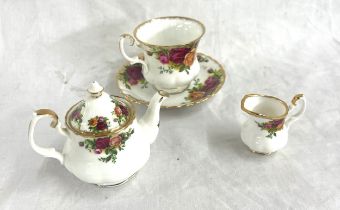 Royal Albert old country rose miniature teapot, milk jug and standard size cup and saucer