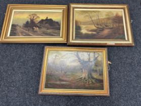 3 Edwardian oil painting in gilt frames on canvas largest measures approximately 30 inches wide 22