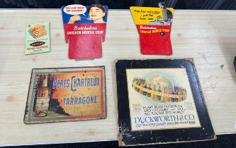 Selection of vintage food and liqour card advertising signs largest measures approx 17.5 inches