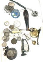 Tray of collectables includes Coins, silver mustard spoons, pendants etc