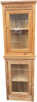 Pine glazed corner cabinet 72 inches all 23 inches wide 12.5 inches depth