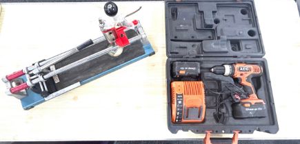 AEG 18V battery drill and a tile cutter both in working order
