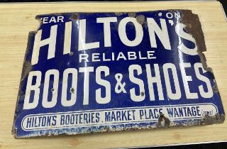 Large antique Hiltons reliable Boots and Shoes sign measures approximately 36 inches long 24