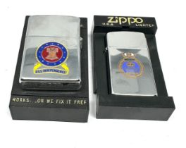 2 x Zippo Lighters Inc Military HMS Ark Royal Slim Chrome & USS Independence