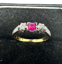 Platinum & 18ct gold synthetic ruby & diamond three stone vintage ring (2.3g)