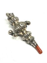 antique silver baby rattle / whistle coral handle