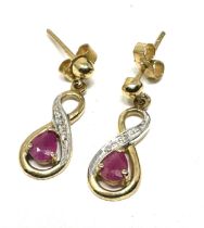 9ct gold vintage ruby & diamond infinity drop paired earrings (1.1g)