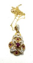 9ct gold ruby & diamond floral pendant necklace (2.7g)