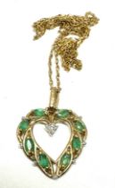 9ct gold emerald & diamond floral heart pendant necklace (2.6g)