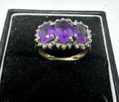 9ct gold amethyst & diamond three stone dress ring (3.2g)