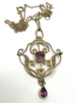 9ct gold seed pearl & purple garnet Edwardian pendant & chain (3.3g)