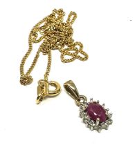 9ct gold ruby & diamond cluster pendant necklace (2g)