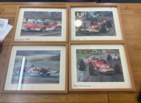 Four framed signed prints of racing cars by Micheal Turner measures approx 13 inches tall by 15