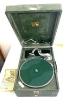 Vintage cased his masters voice wind up portable gramophone, untested