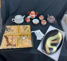 Selection of oriental ware includes cloisonne plates, teapots etc