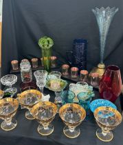 Selection of coloured glassware includes centre piece, glass vase etc