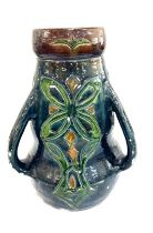 Vintage three handled glazed art nouveau style vase 12 inches tall