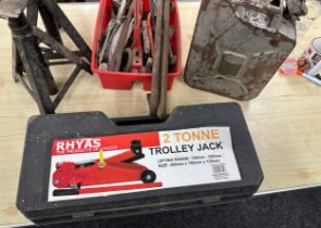 Pair of axle stands and jerry cans and a trolley jack in box