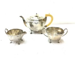 Silver art deco 3 piece tea set, total weight 925 grams makers mark P E & Sons, Sheffield silver