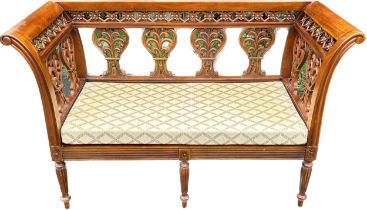 Mahogany fretted window seat, padded seat, approximate measurements: Length 56 inches, Depth 23.5