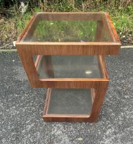 Pair of Walnut retro three tier glass top designer tables measures approx 22 inches tall by 17