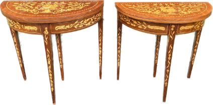 Pair mahogany inlaid marquetry games tables, with drawer, Length 32 inches, Height 31 inches,