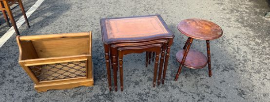 Mahogany nest of leather topped tables, pine magazine rack and a occasional table largest measures