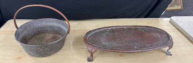 Vintage metal jam pan and a vintage fish serving tray