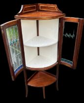 Mahogany inlaid corner cabinet, leaded stain glass door, approximate measurements: Width 21