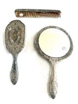 Silver plated 3 piece vanity set includes brush, mirror and a comb